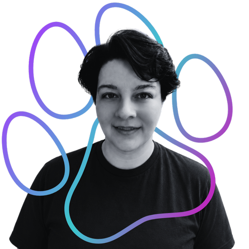 Mitch Brooks, foundations and socialization specialist at Wholistic Canine, inside a gradient paw print outline