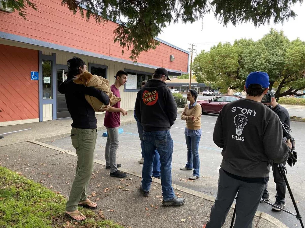 Film crew shooting Mickey's Tree outside Reagor Pet Hospital in Carmichael, with Maisey on set