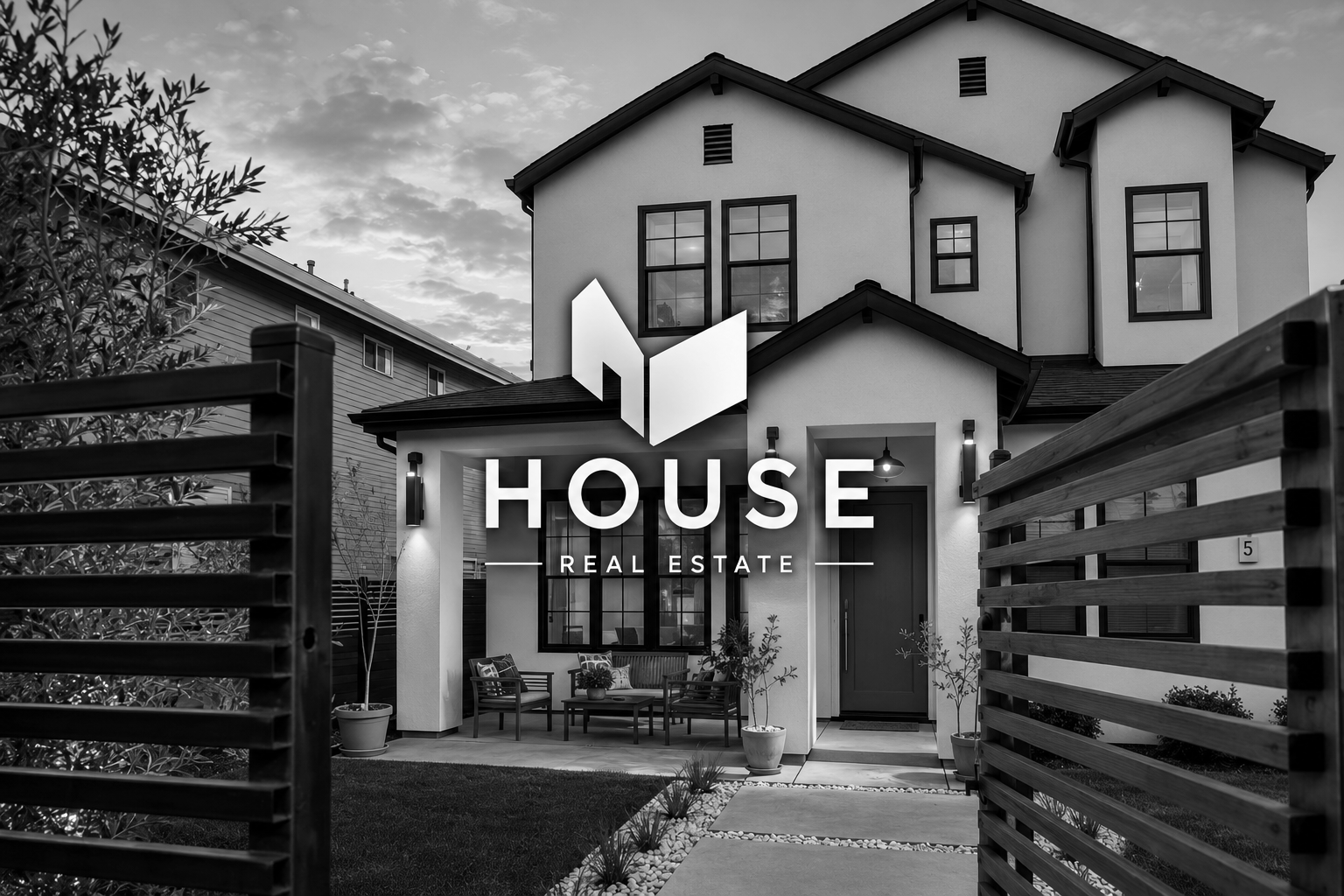 A modern house with a landscaped front yard, sitting behind a wooden fence, with a seating area with chairs and small tables on the porch, and a large logo of a real estate company over the front of the house in black and white.