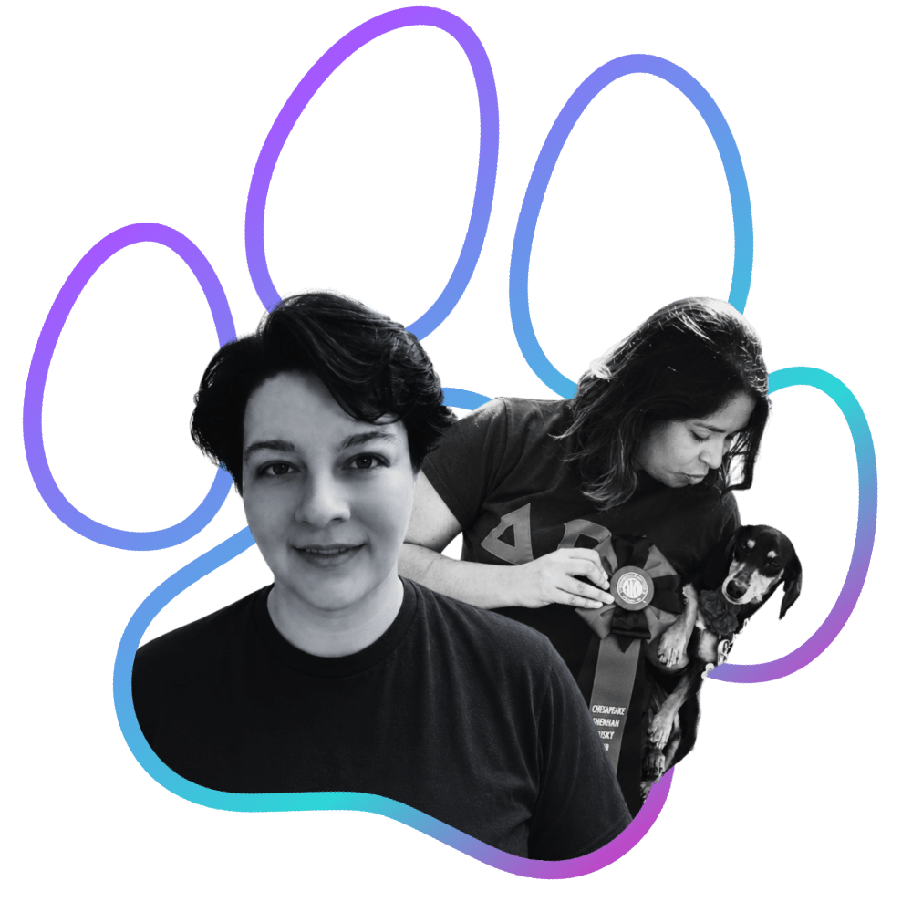 Black and white photo of a person - Mitch, with short dark hair smiling and facing the camera, a woman, Jade, with long wavy hair looking down and holding a small dog with a medal, inside a purple and teal gradient paw shape