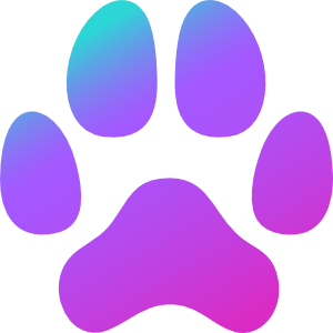 Colorful gradient paw print with shades of purple, pink, and blue.