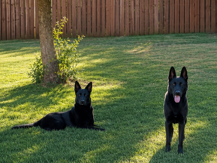 Alex's back yard and her german shepherds