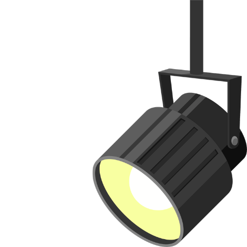 Illustration of a black spotlight with a yellow light shining downward.