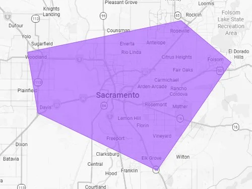 Map of Greater Sacramento, California, highlighted in purple with the service area for Wholistic Canine.
