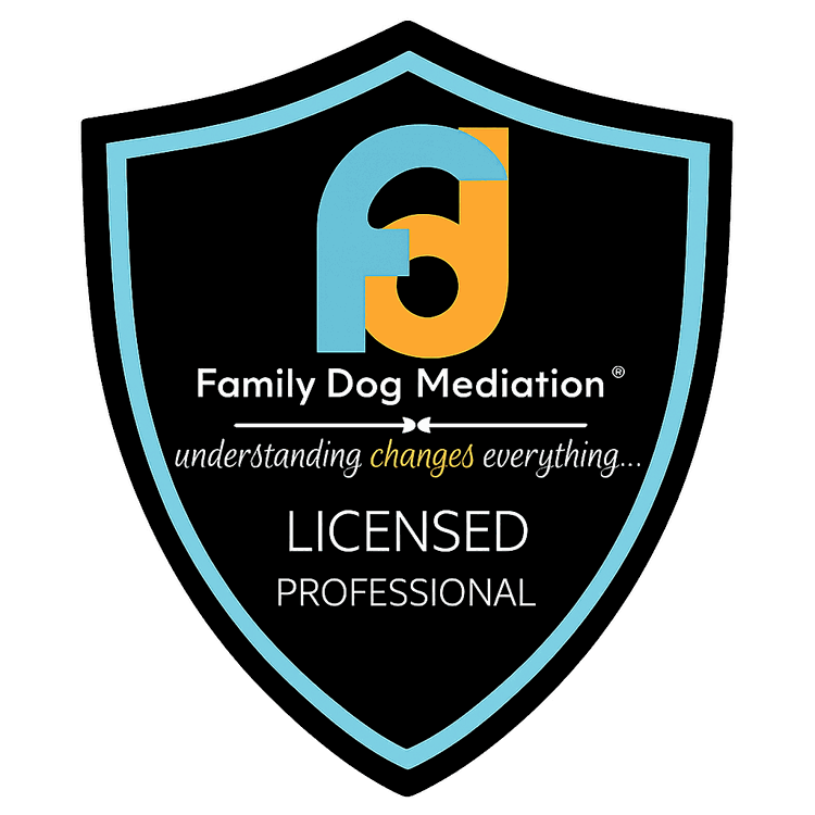 A shield logo for Family Dog Mediation featuring a stylized letter 'F' in blue and yellow, with the tagline 'understanding changes everything...' and the words 'LICENSED PROFESSIONAL' underneath.
