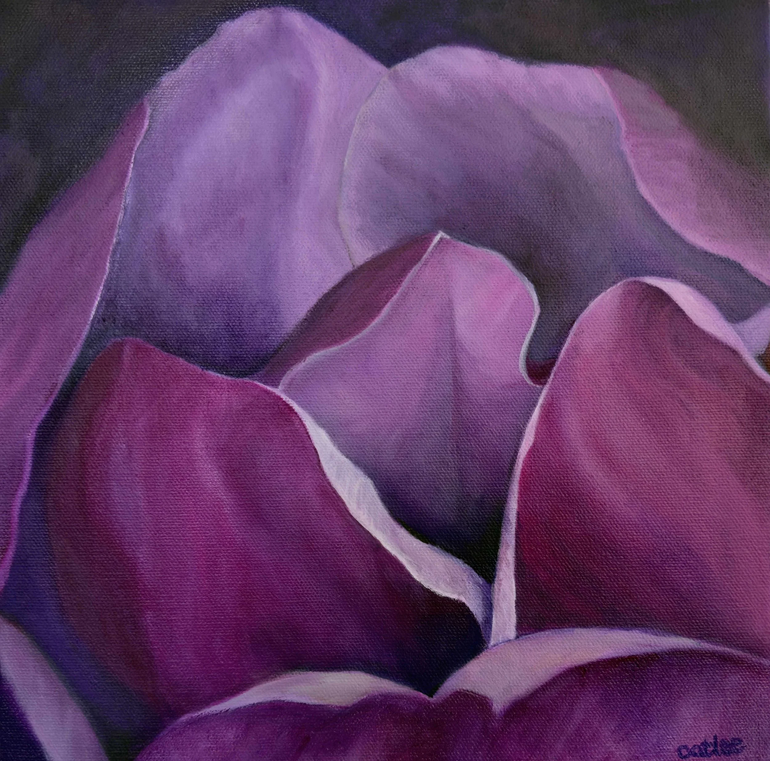 Oil painting of an open flower emerging from surrounding foliage, its petals reaching toward the viewer, by Cat Lee.