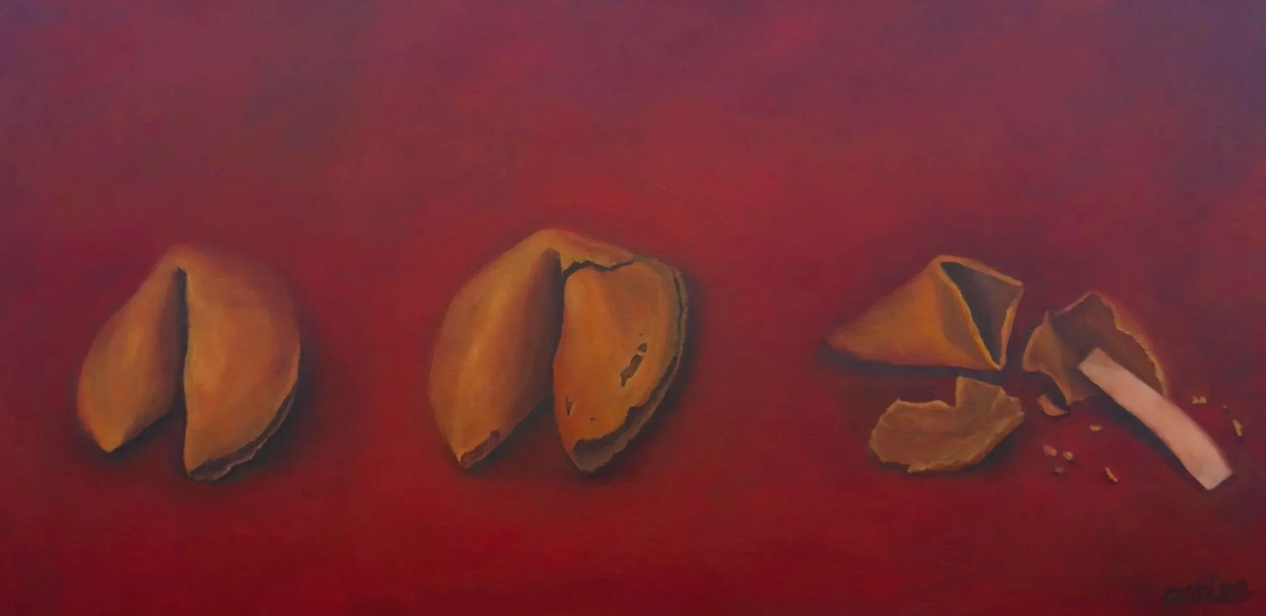 Oil painting of three fortune cookies in different states, from whole to broken open, arranged against a vivid red background by Cat Lee.