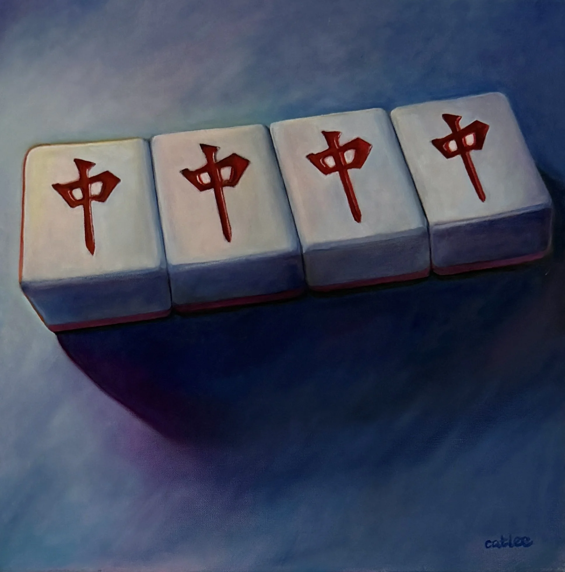 Oil painting of four red dragon mahjong tiles arranged together against a red background by Cat Lee.