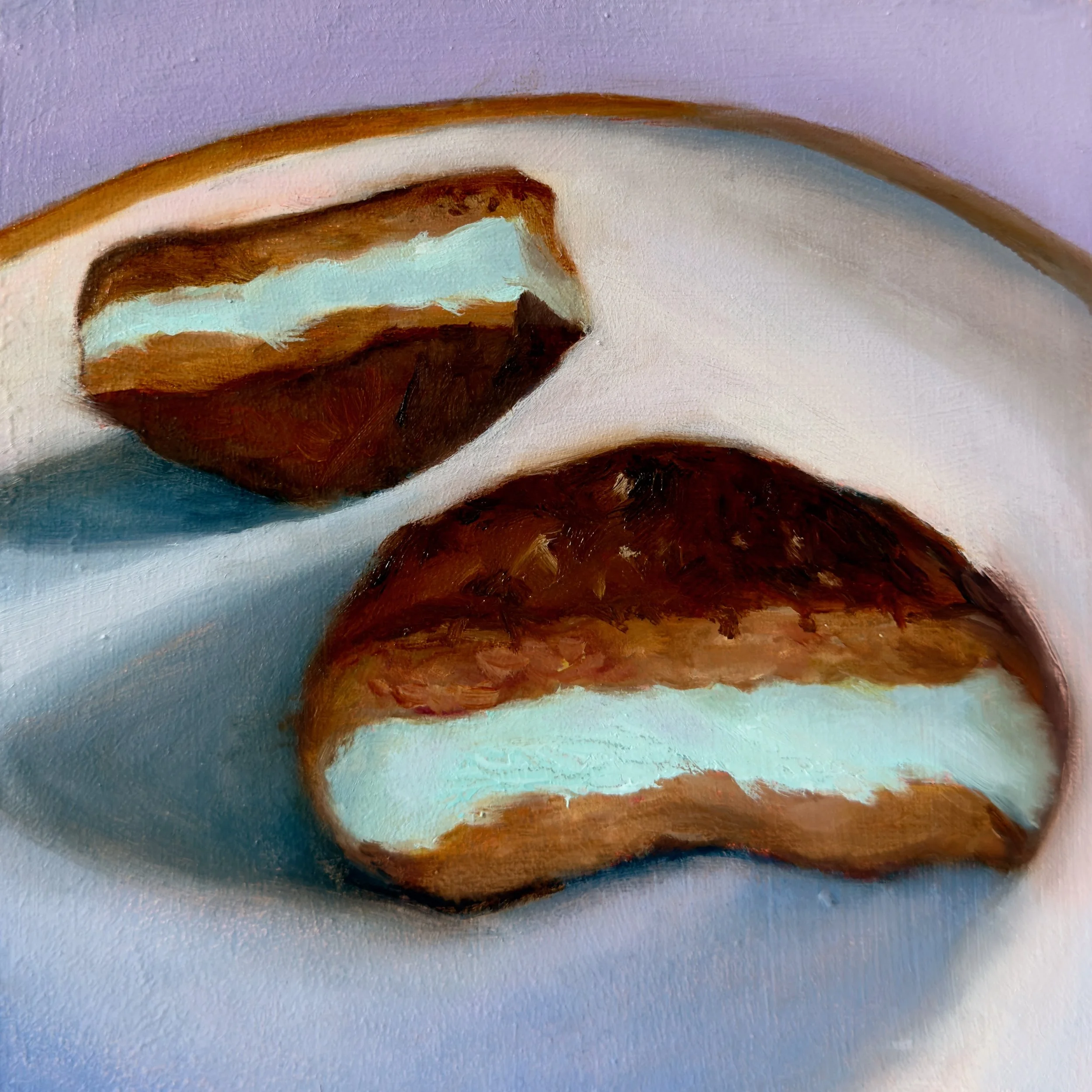 Mint It’s-It was my favorite ice cream sandwich as a kid. The original It’s-It was created in 1928 by George Whitney at San Francisco’s Playland-at-the-Beach amusement park, with the mint flavor introduced in the 1980s. In this painting, I used a pal