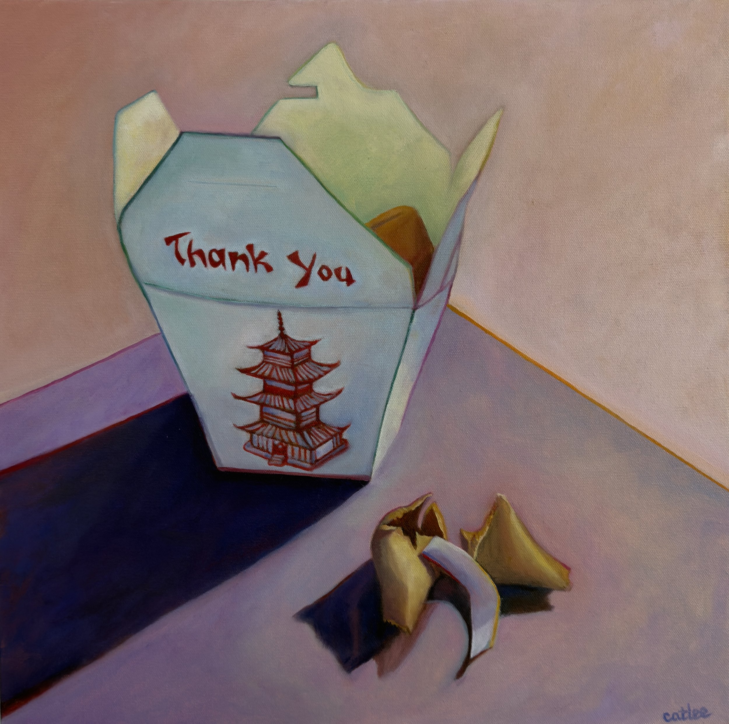 Oil painting of a white Chinese takeout box with a fortune cookie and blank fortune slip against a warm red background by Cat Lee.