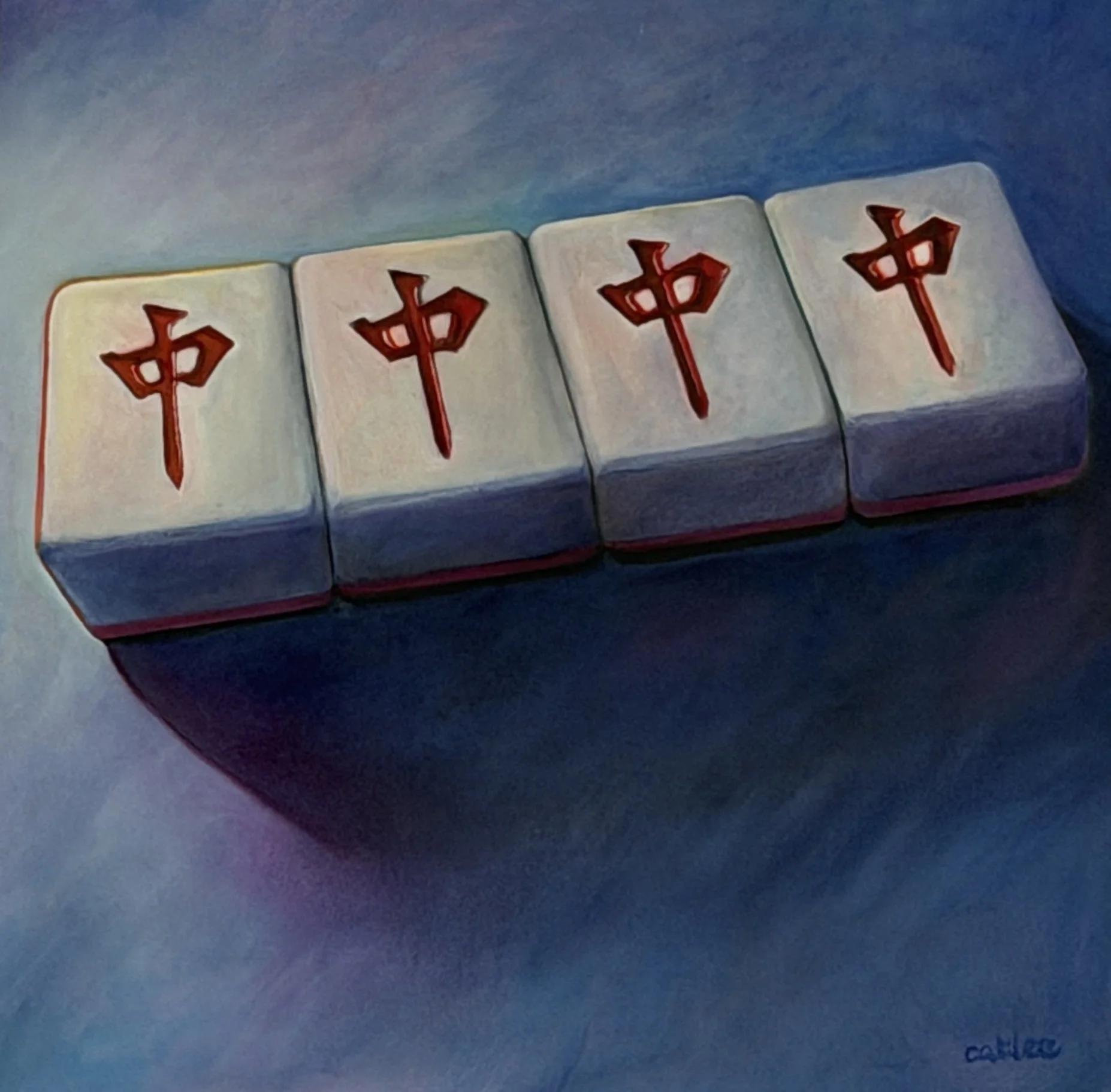 Four red dragon mah-jong tiles representing the kong, a very lucky hand in gameplay. Oil painting by Cat Lee