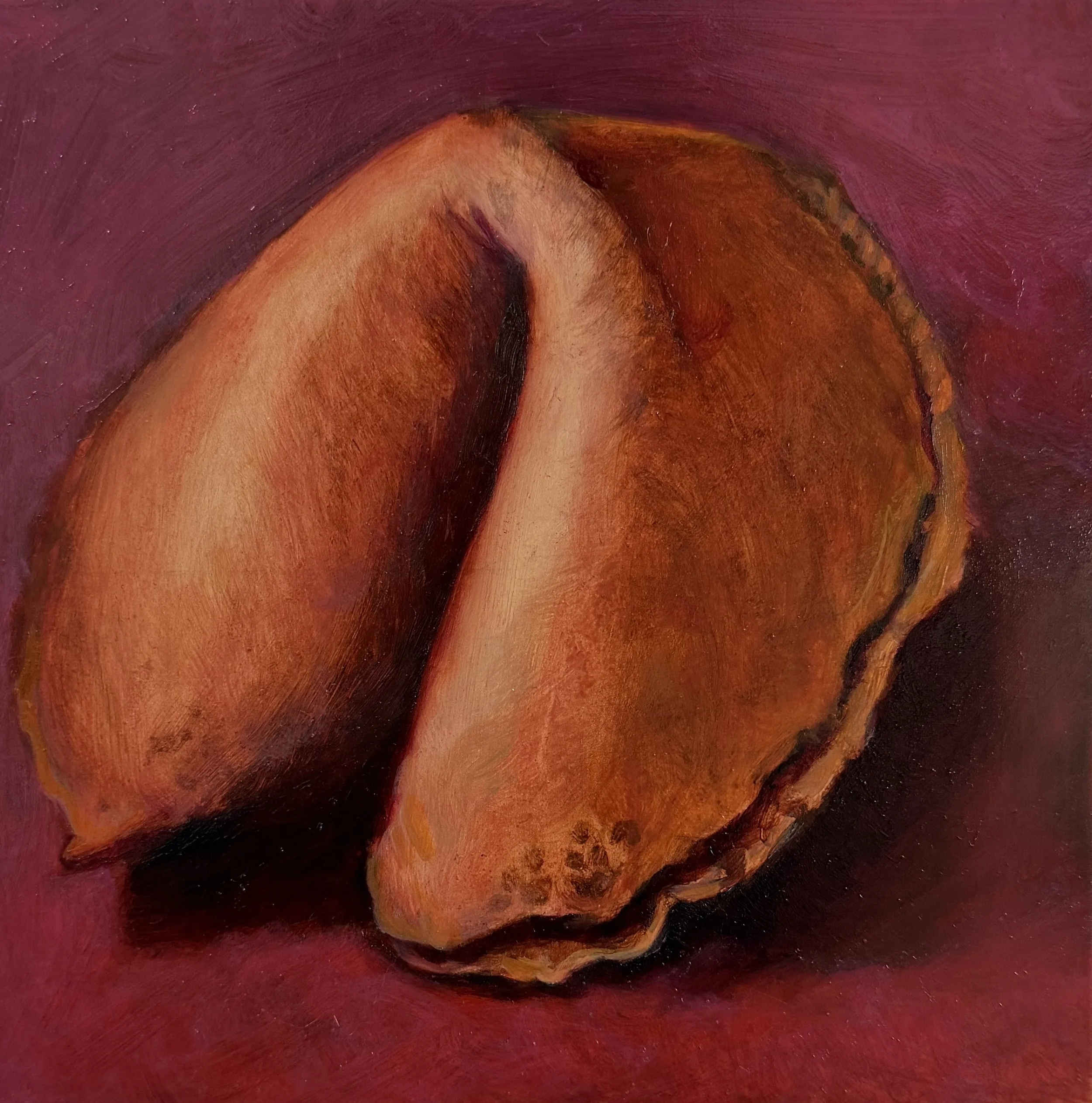 Oil painting of a single golden fortune cookie centered against a dark background, presented almost like a portrait, by Cat Lee.