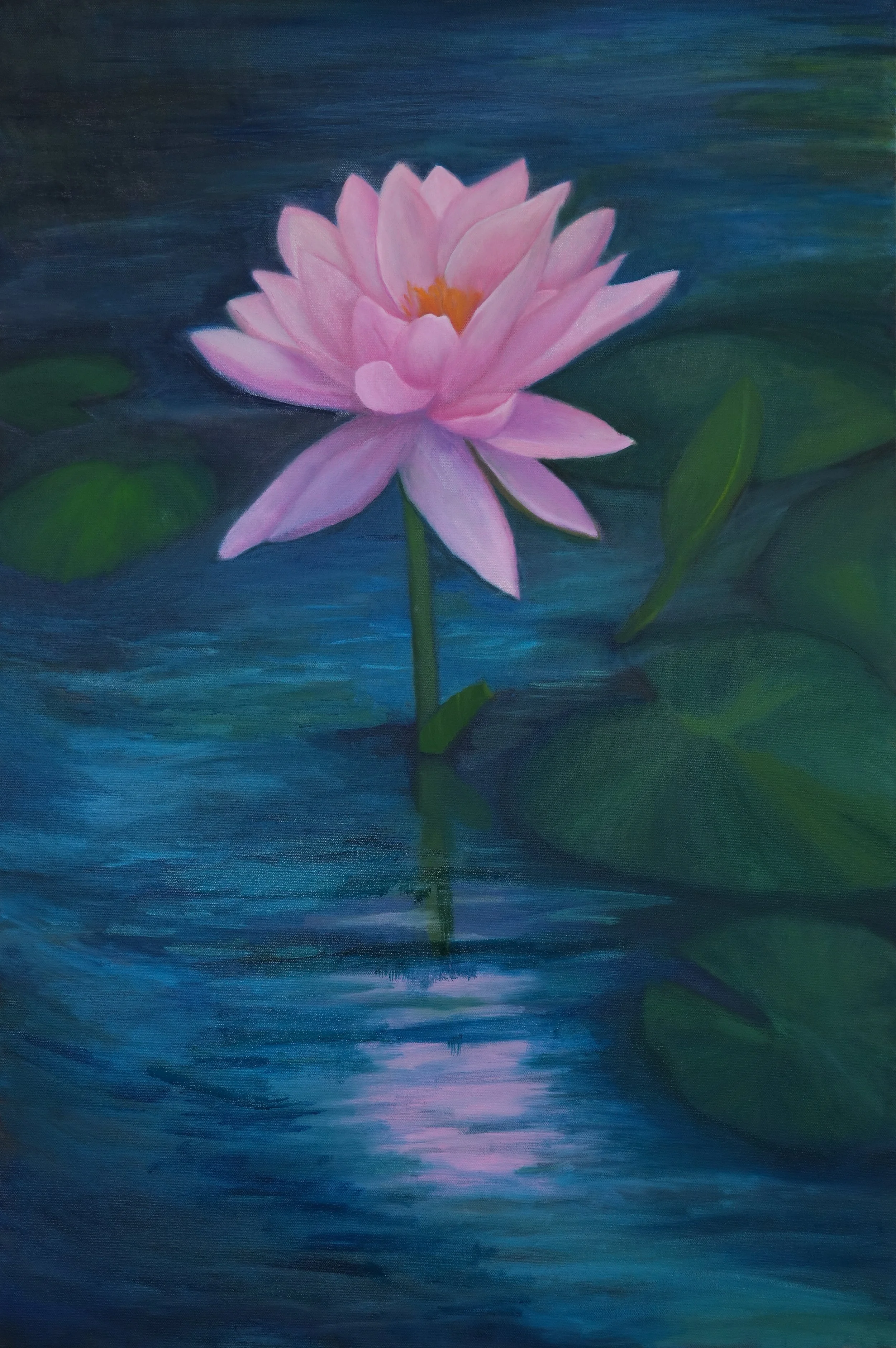 Oil painting of a water lily emerging from dark, murky water surrounded by shifting reflections, by Cat Lee.