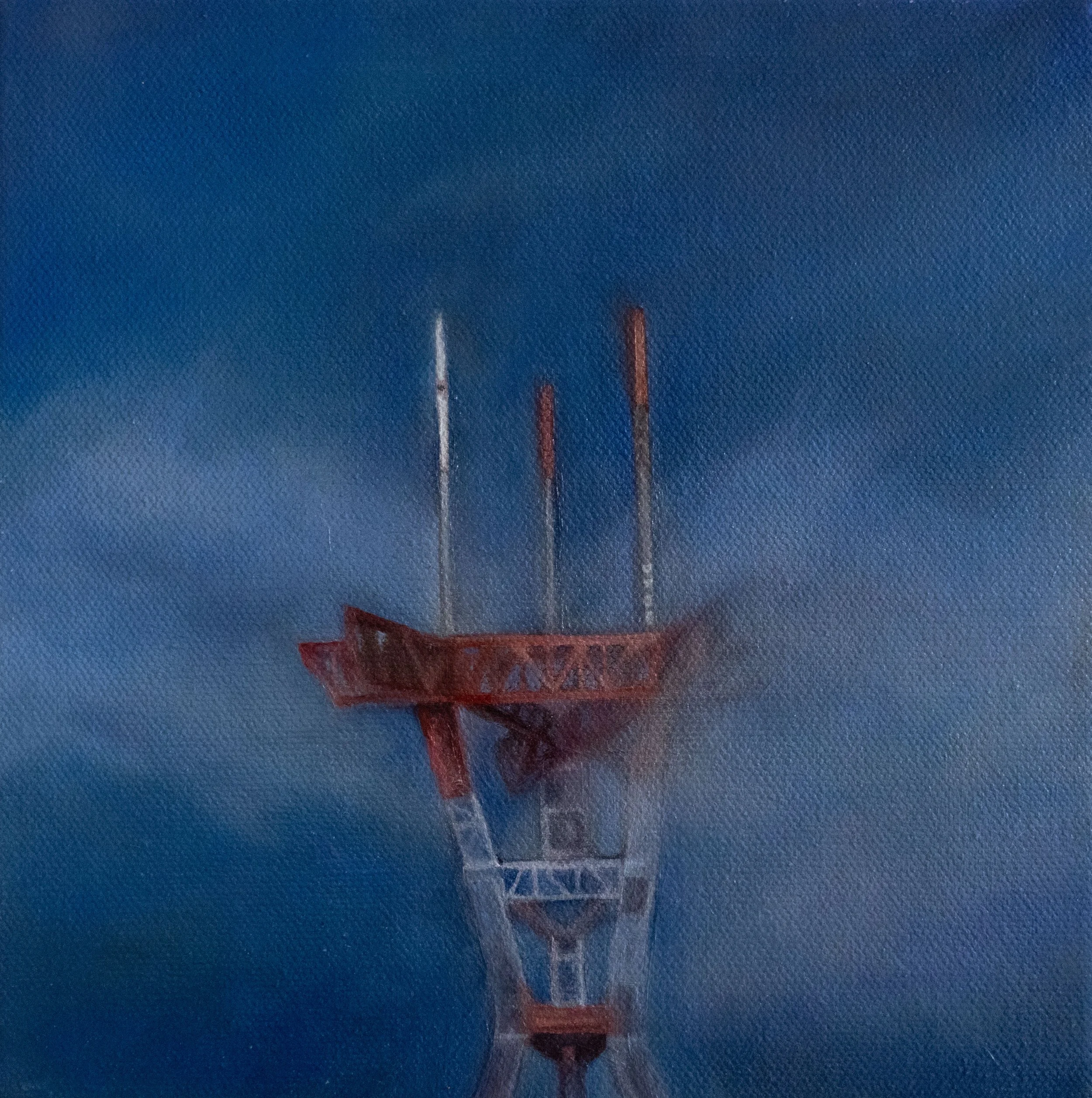 Oil painting of San Francisco’s Sutro Tower partially obscured by pale fog, its silhouette emerging through the mist, by Cat Lee.