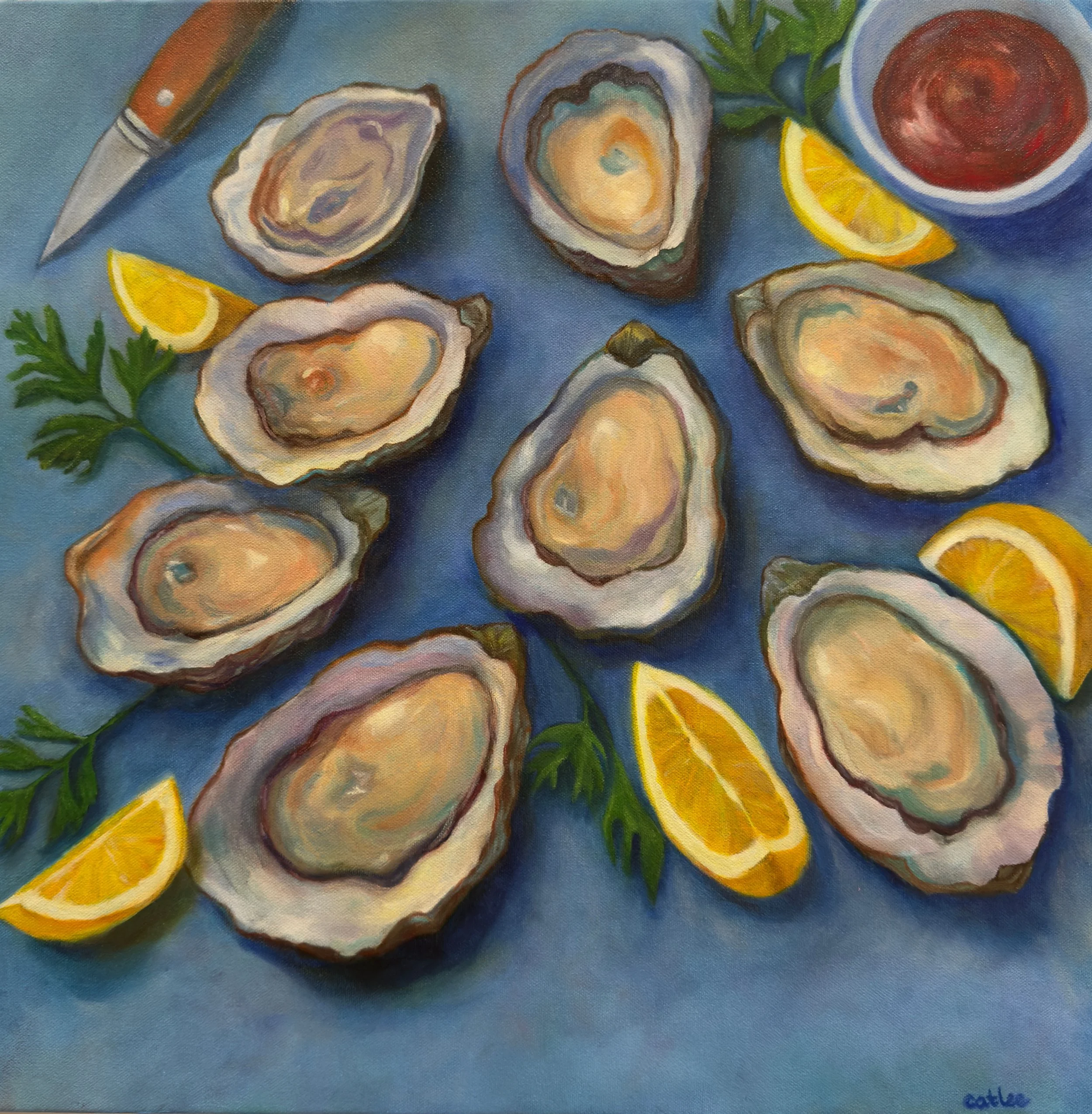 Oil painting of a group of Hog Island oysters resting on crushed ice, showing their varied shells, colors, and textures, by Cat Lee.