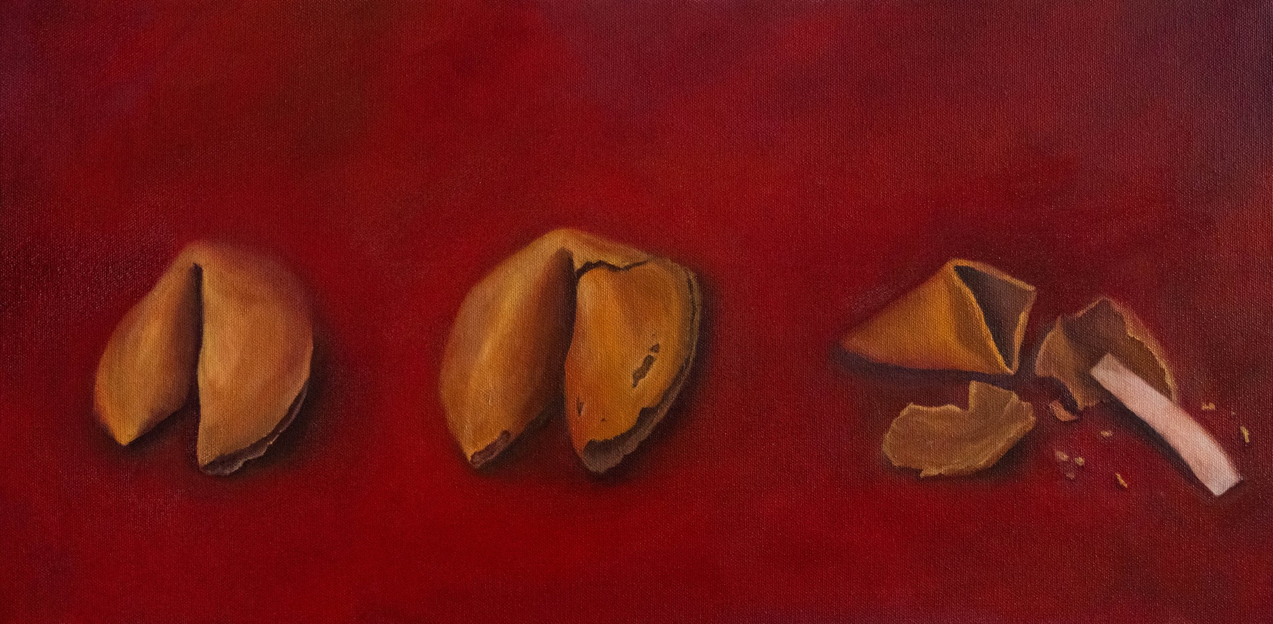Oil painting of three fortune cookies in different states, from whole to broken open, arranged against a vivid red background by Cat Lee.