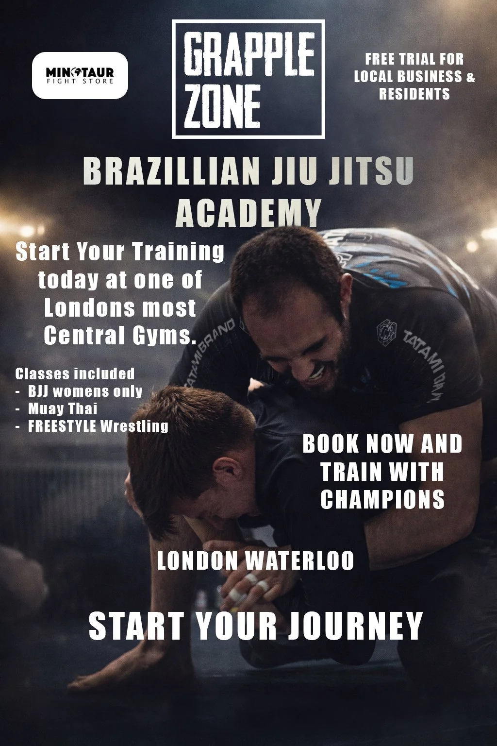 A martial arts instructor demonstrating grappling techniques on a student in a gym, with promotional text overlaying the image, advertising Brazilian Jiu Jitsu classes in London.