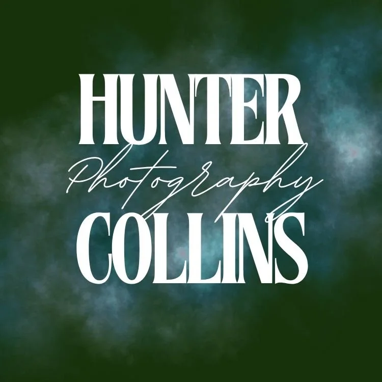 Text graphic reading 'Hunter Photography Collins' in white font on a green and blue cloudy background.