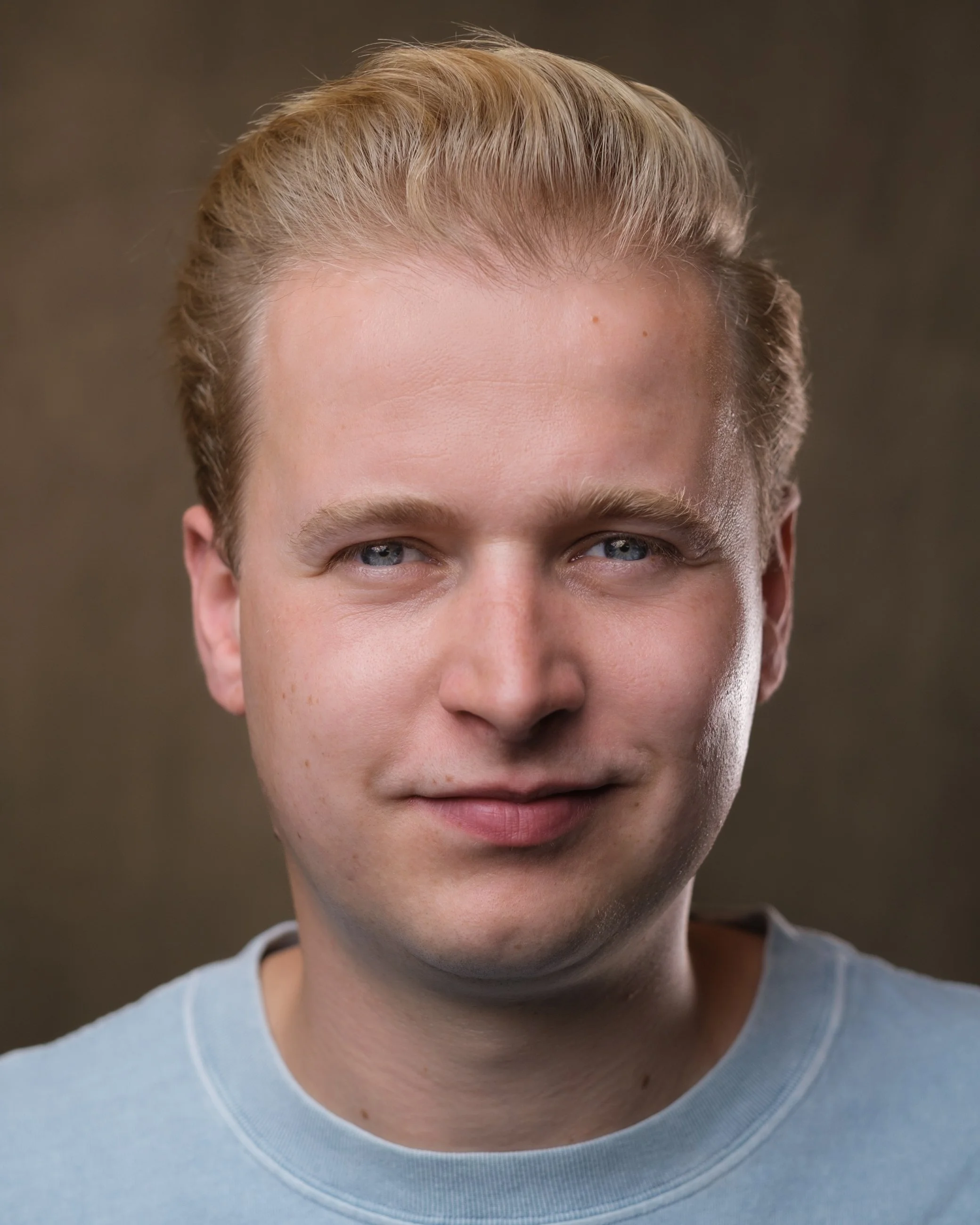 Close-up of a young man with blonde hair, blue eyes, and fair skin, wearing a light blue shirt, smiling slightly.