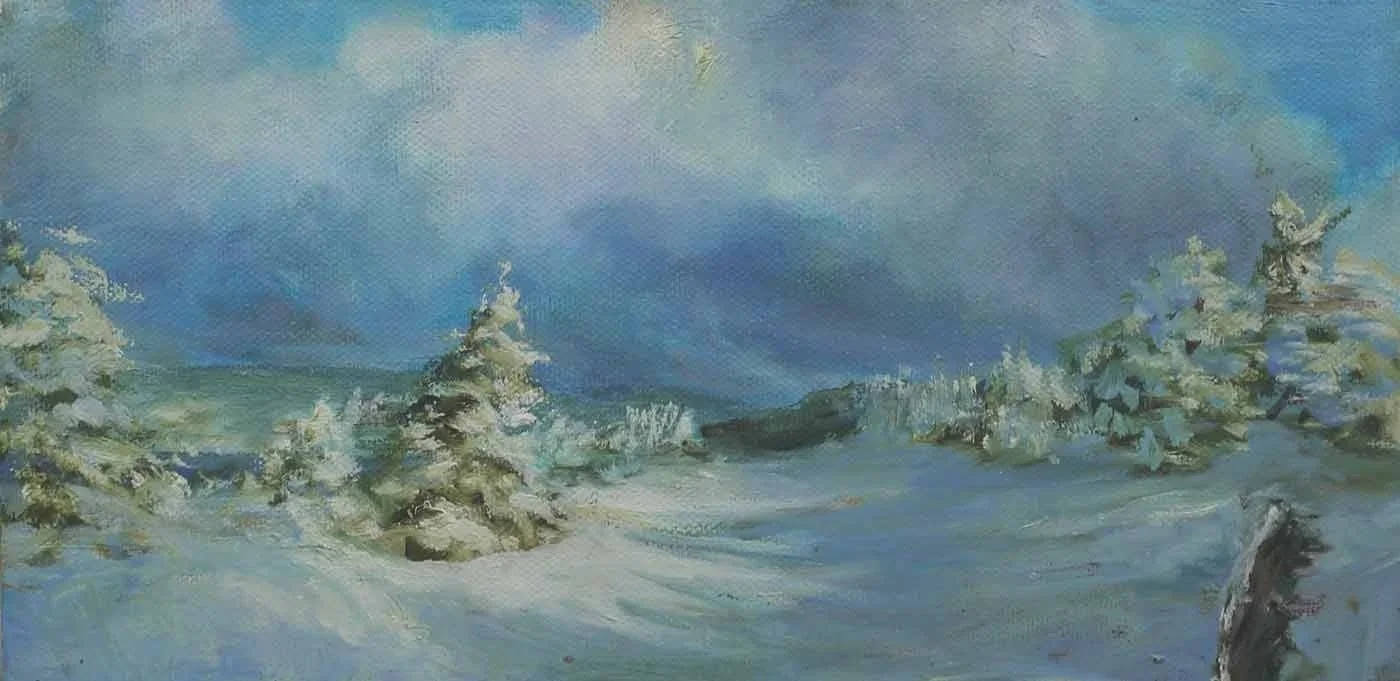 A watercolor painting of a snowy winter landscape with snow-covered pine trees and a cloudy blue sky.