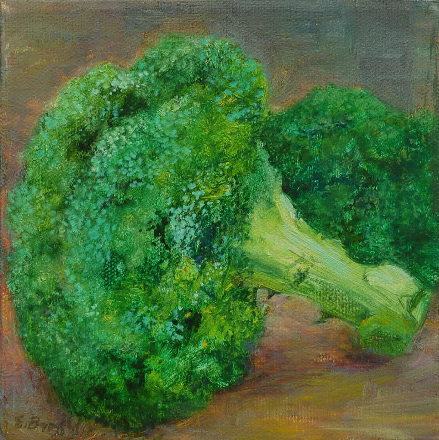 Painting of two green broccoli heads on a textured brown background.