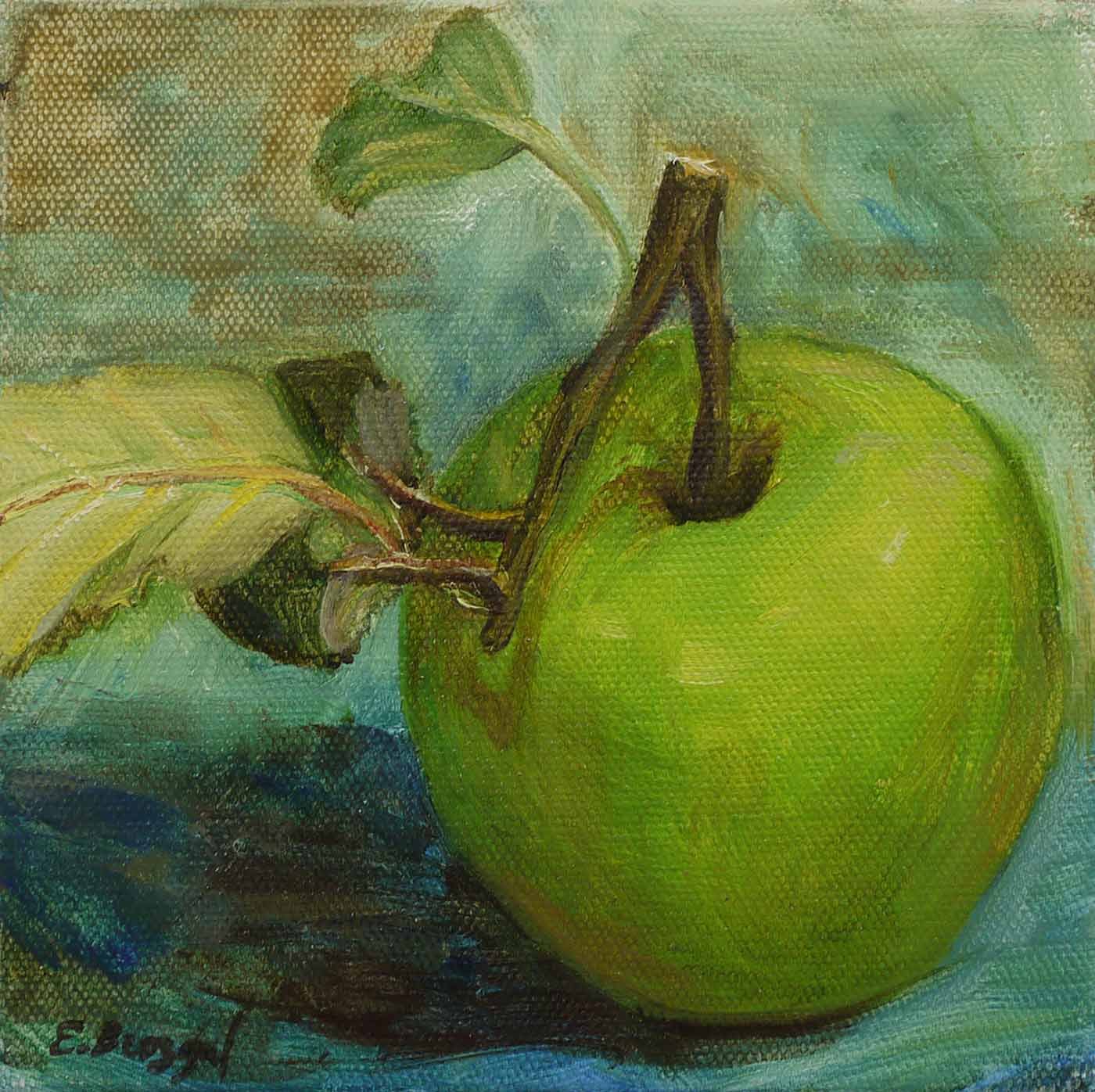 Green Apple with Leaves