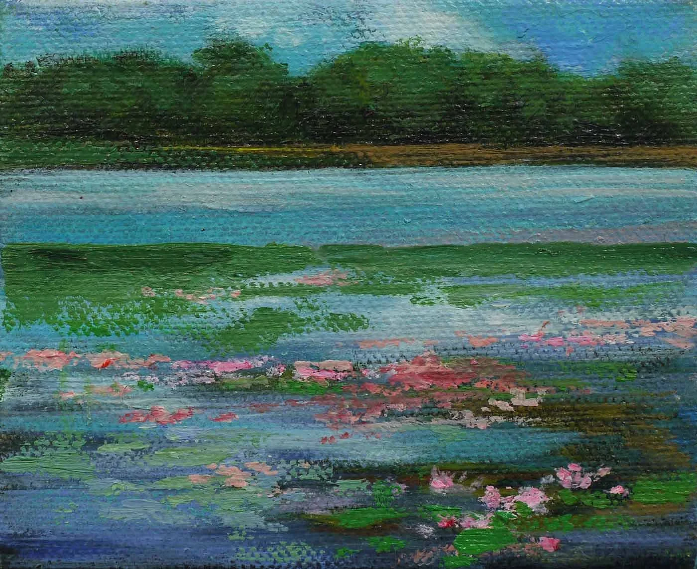 Impressionist landscape painting of a lake with pink flowers in the foreground, green trees, and a blue sky.