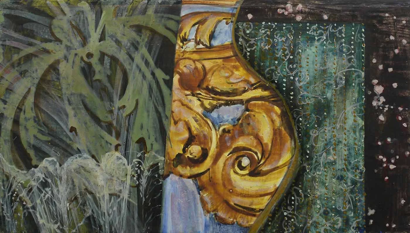 Abstract painting featuring a large face with swirling features, surrounded by intricate patterns, with a background of leafy green plants and textured dark areas.
