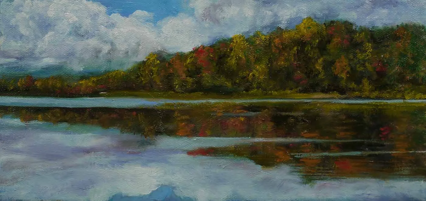 An impressionistic painting of a serene lake with reflections of trees and a cloudy sky.