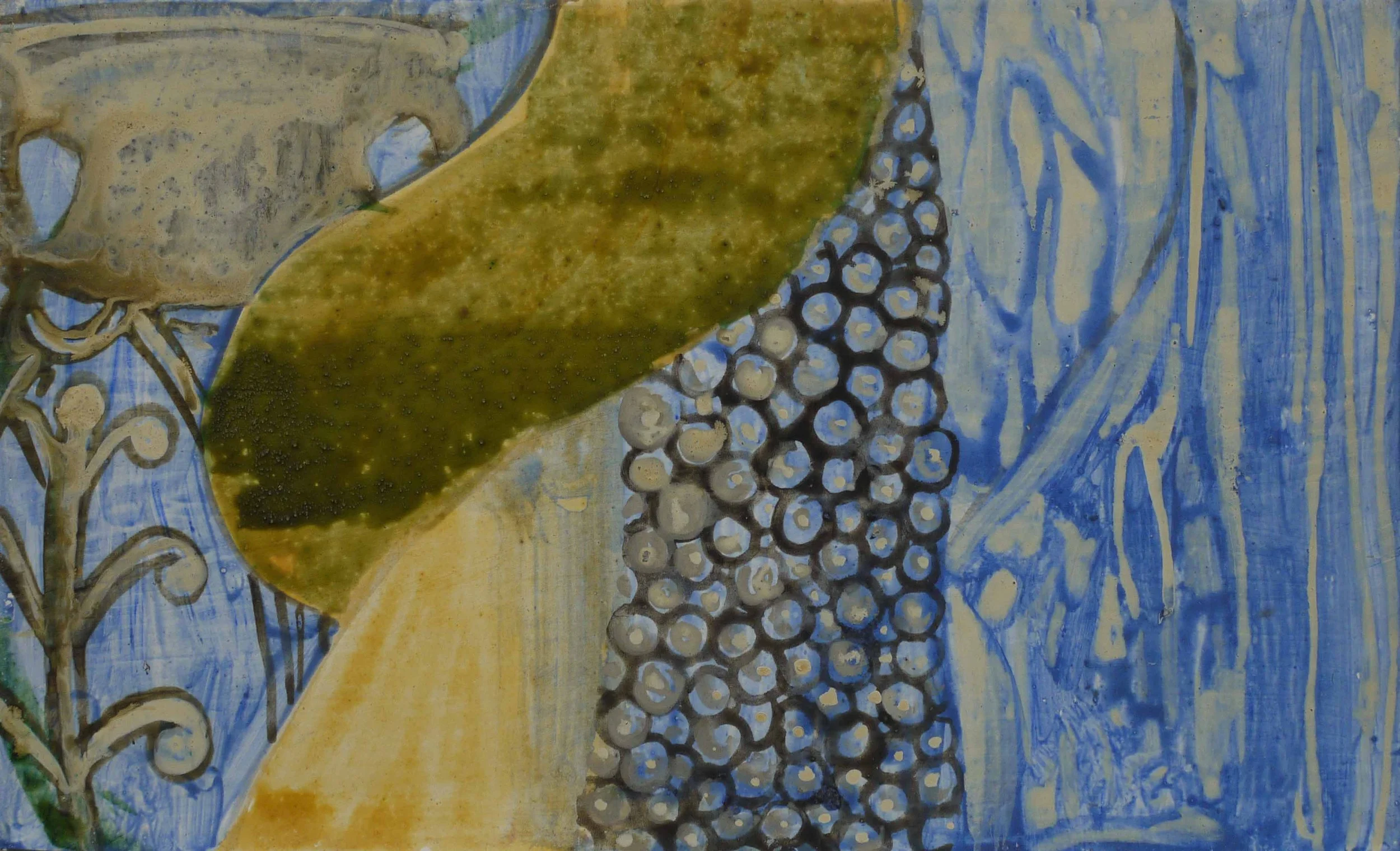 Close-up of a painted artwork featuring a greenish-brown object, possibly a leaf or organic shape, with blue and black swirling patterns and circles on a textured blue background.