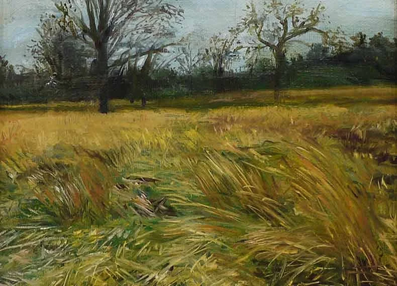 A landscape painting of a grassy field with large trees in the background and a cloudy sky.