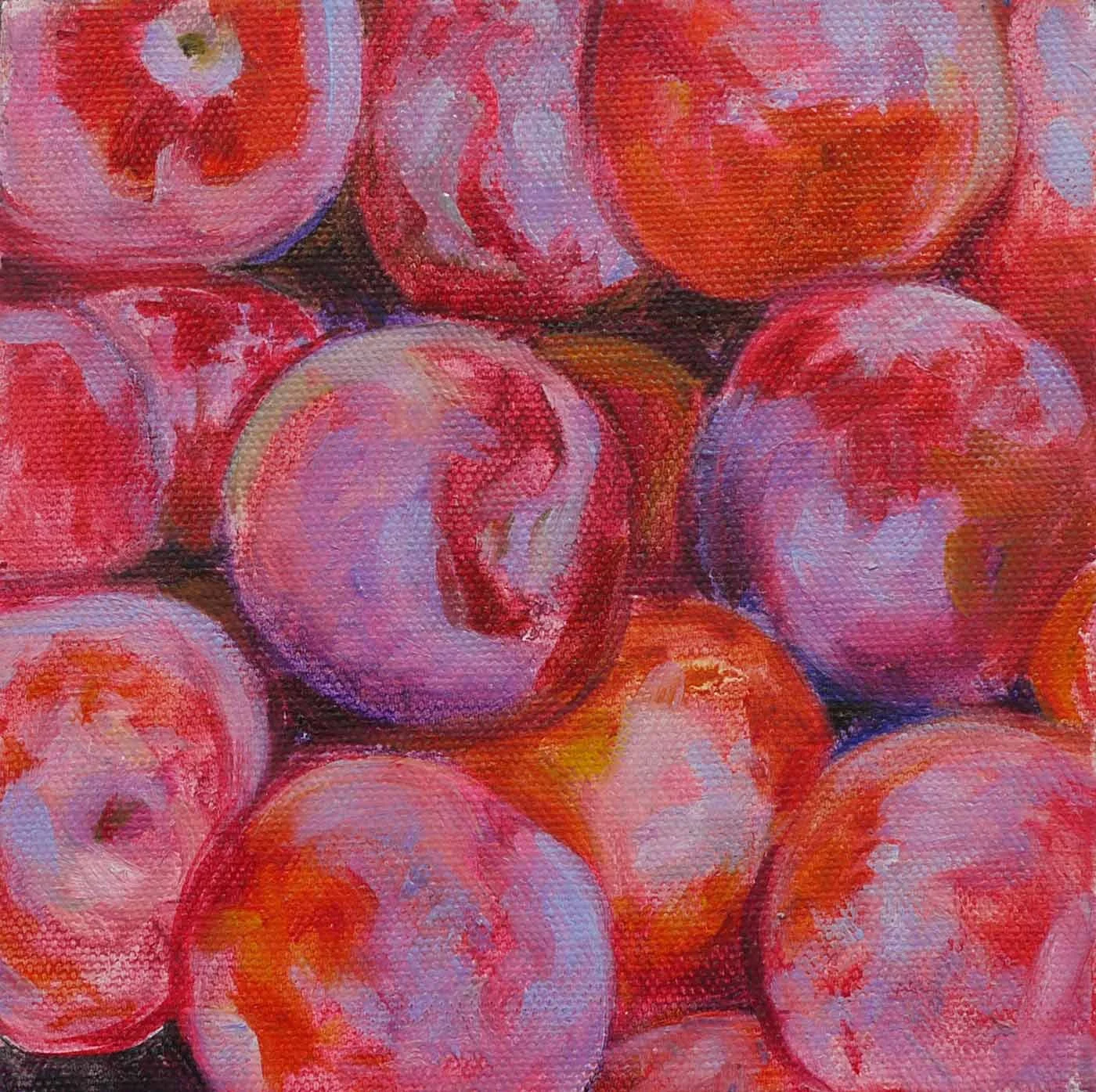 A painting of a cluster of peaches in shades of pink, orange, and purple, with visible textured brushstrokes.