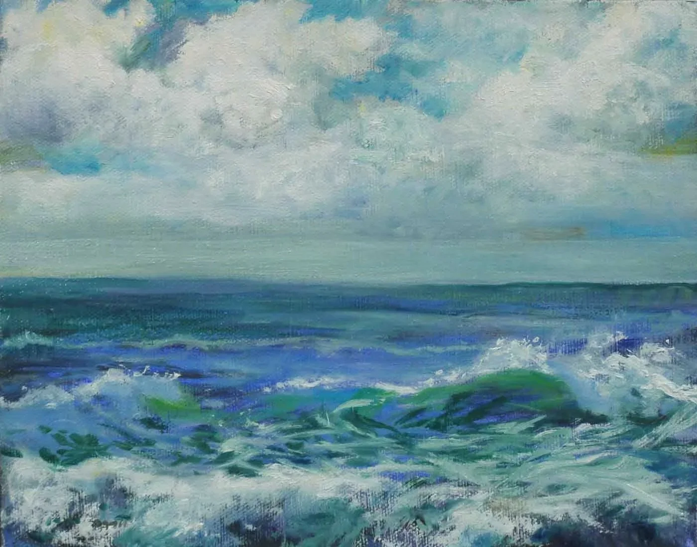 A seascape painting depicting waves crashing against the shore with a cloudy sky above.
