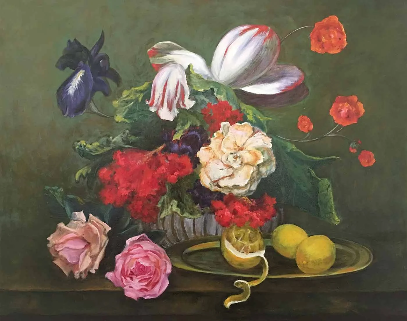 A still life oil painting of a bouquet of various flowers in a bowl, with roses, lilies, and other blossoms, along with a green lemons and a cracked lemon on a tray.