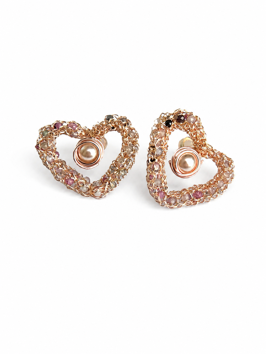 Heart woven Tourmaline Pearl Stud Earrings