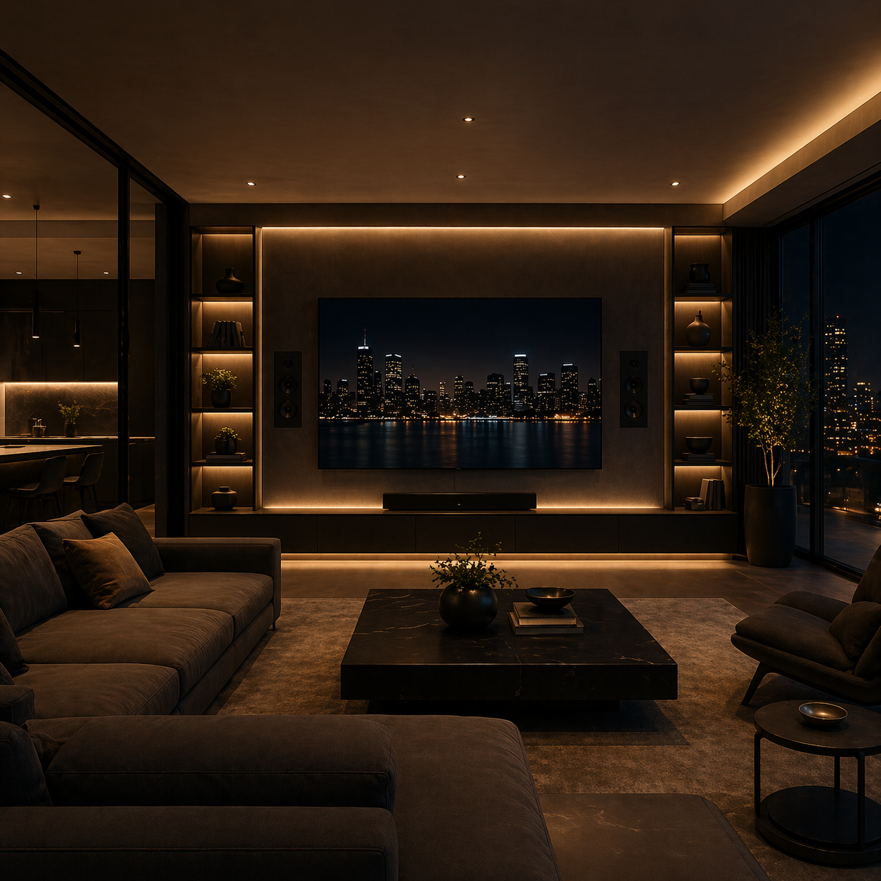 Modern living room with dark furniture, a large flat-screen TV showing a city skyline at night, illuminated shelves with decorative items, and large windows revealing a cityscape at night.