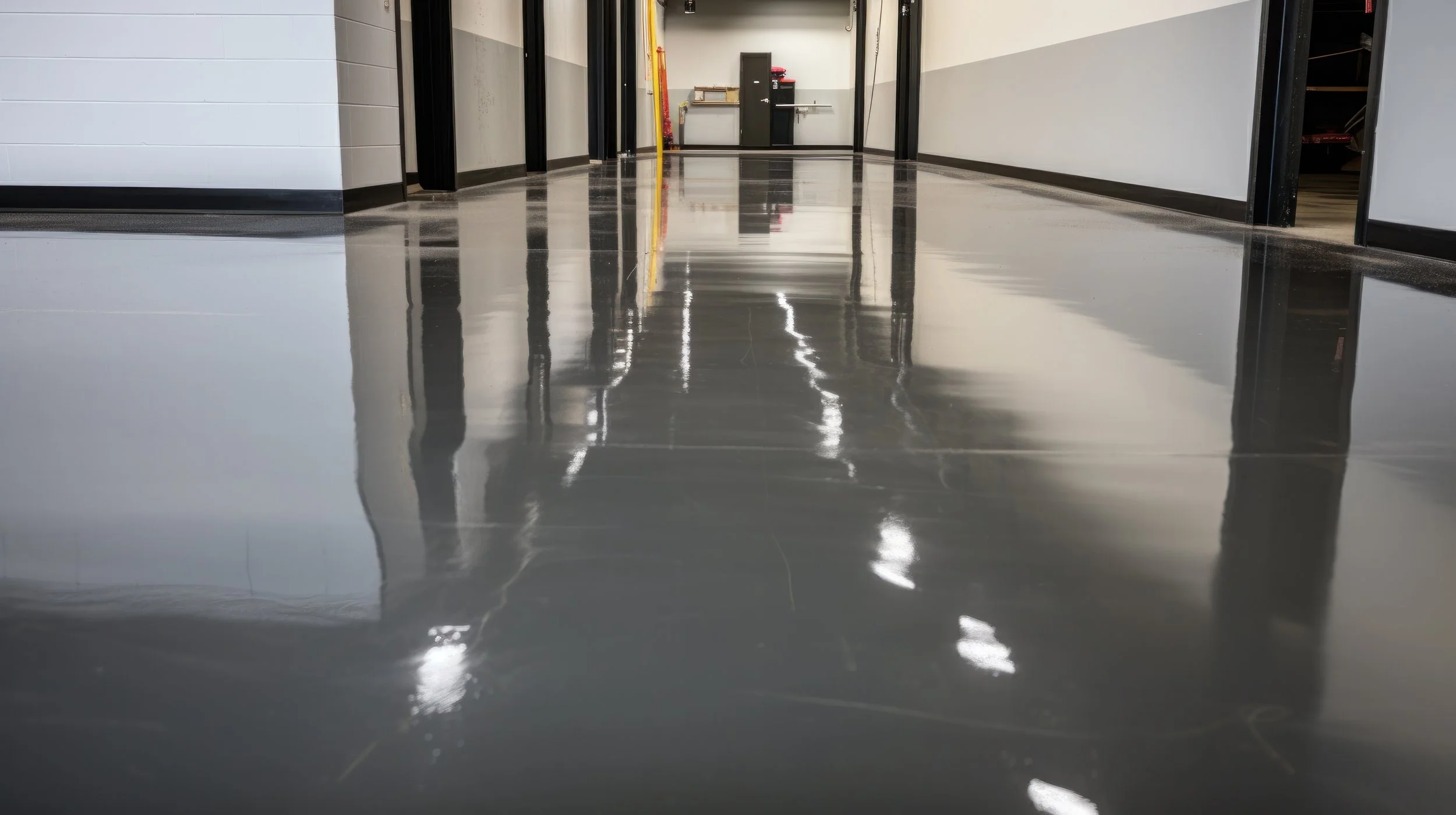 A shiny, reflective gray floor in a hallway with doorways on both sides.