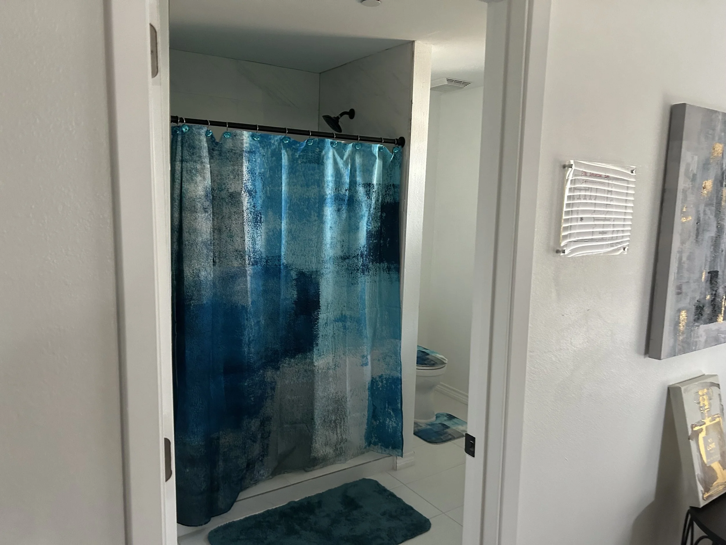A bathroom with a blue and teal shower curtain, a matching bath rug, a white toilet, and a white wall-mounted heater.