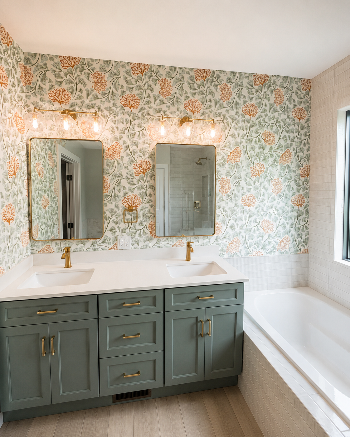 A bathroom with floral wallpaper, a double vanity with green cabinets and gold hardware, two mirrors with gold frames, and a large bathtub beside a window.
