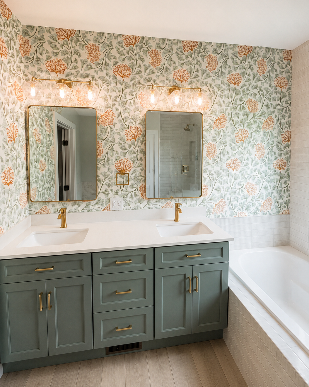 Bathroom with a double vanity, green cabinetry, gold fixtures, floral wallpaper, two mirrors, and a bathtub. Reflection in mirrors shows a shower area.