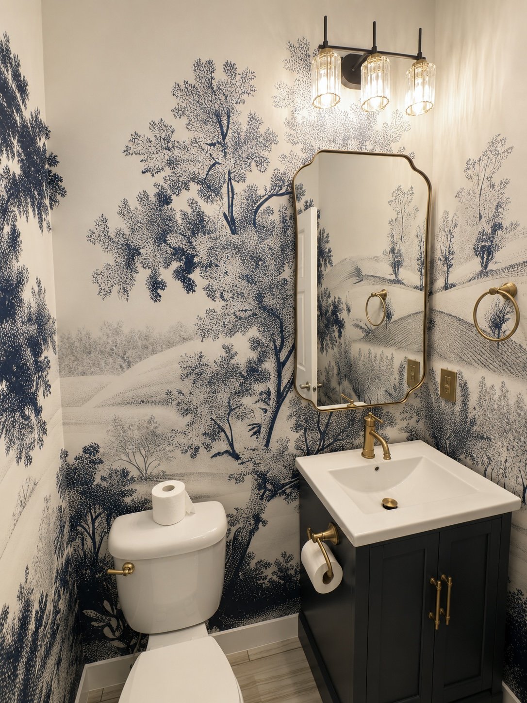 Bathroom with a wallpaper mural of trees and rolling hills, a white toilet with a roll of toilet paper on top, a dark-colored vanity with a white sink, and a mirror with gold accents. Gold fixtures include a faucet, towel rings, and a toilet paper holder, with three pendant lights hanging above the mirror.