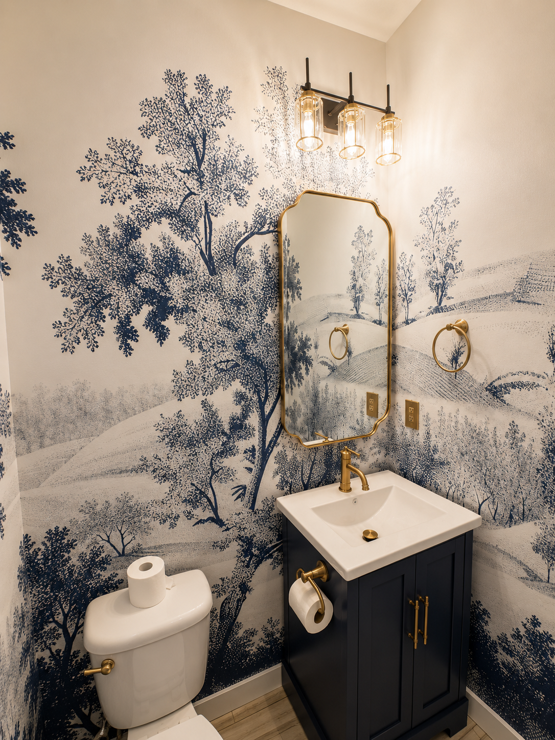 A powder bathroom with wallpaper showing blue trees and hills, a mirror with a gold frame, a navy blue vanity with gold hardware, a white sink with gold fixtures, a toilet with a roll of toilet paper, and a light fixture with four glass lanterns.