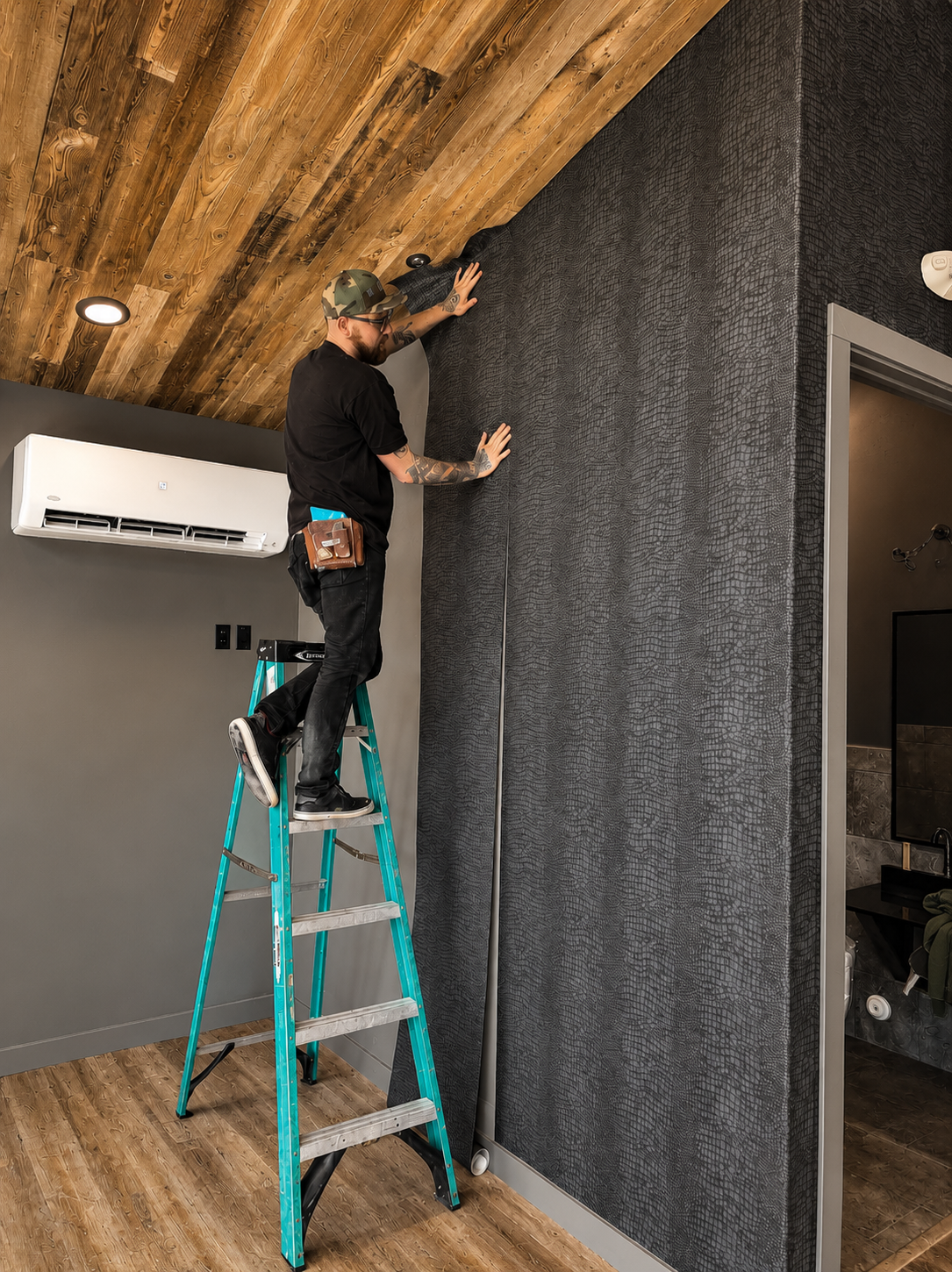A man standing on a ladder installing textured black wallpaper in a modern interior room with wooden ceiling and gray wall.