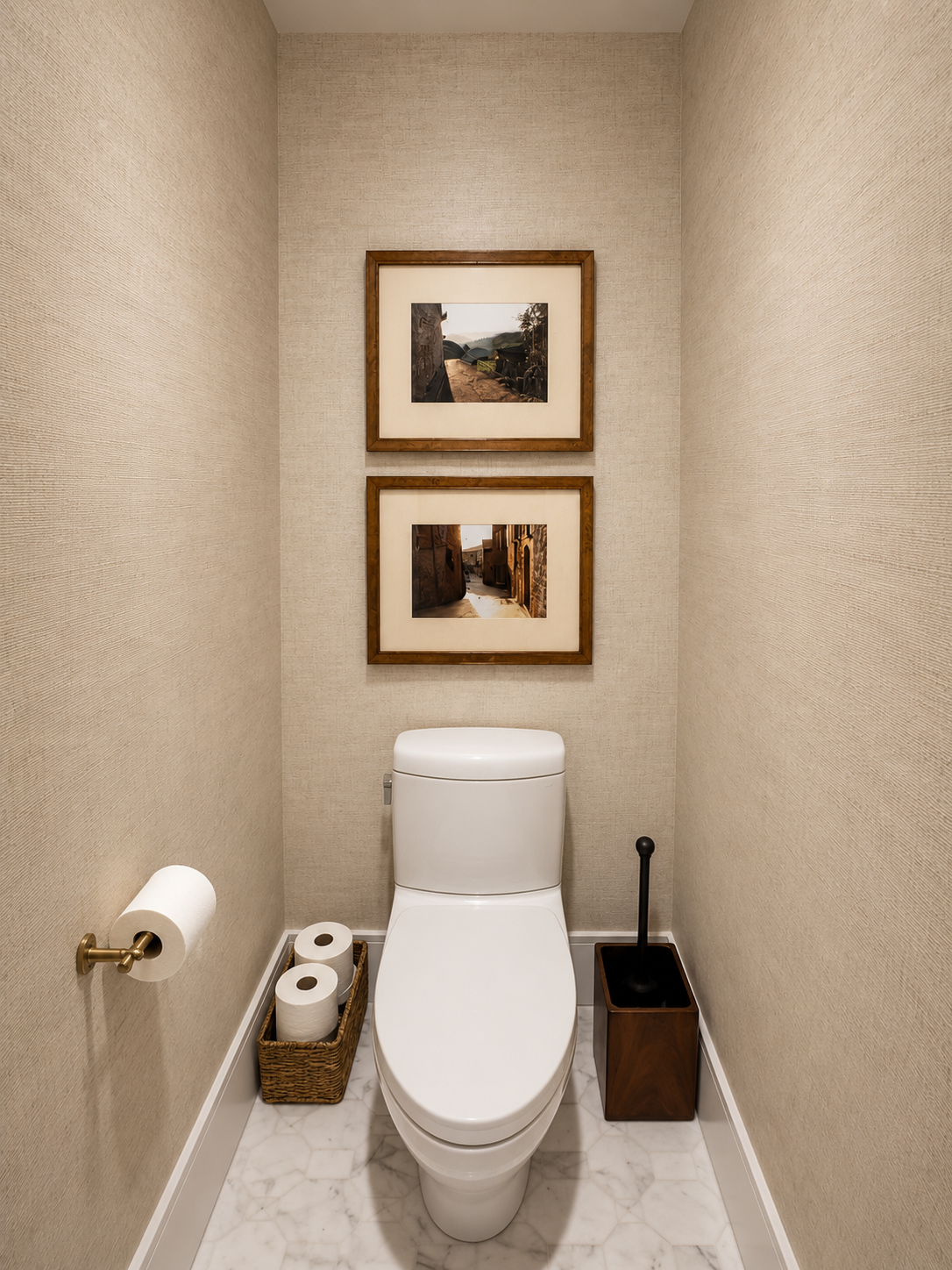 A small bathroom with beige walls, marble floor, white toilet, two framed landscape photos on the wall, a basket with extra toilet paper rolls, a black toilet brush in a wooden holder, and a toilet paper holder on the wall.