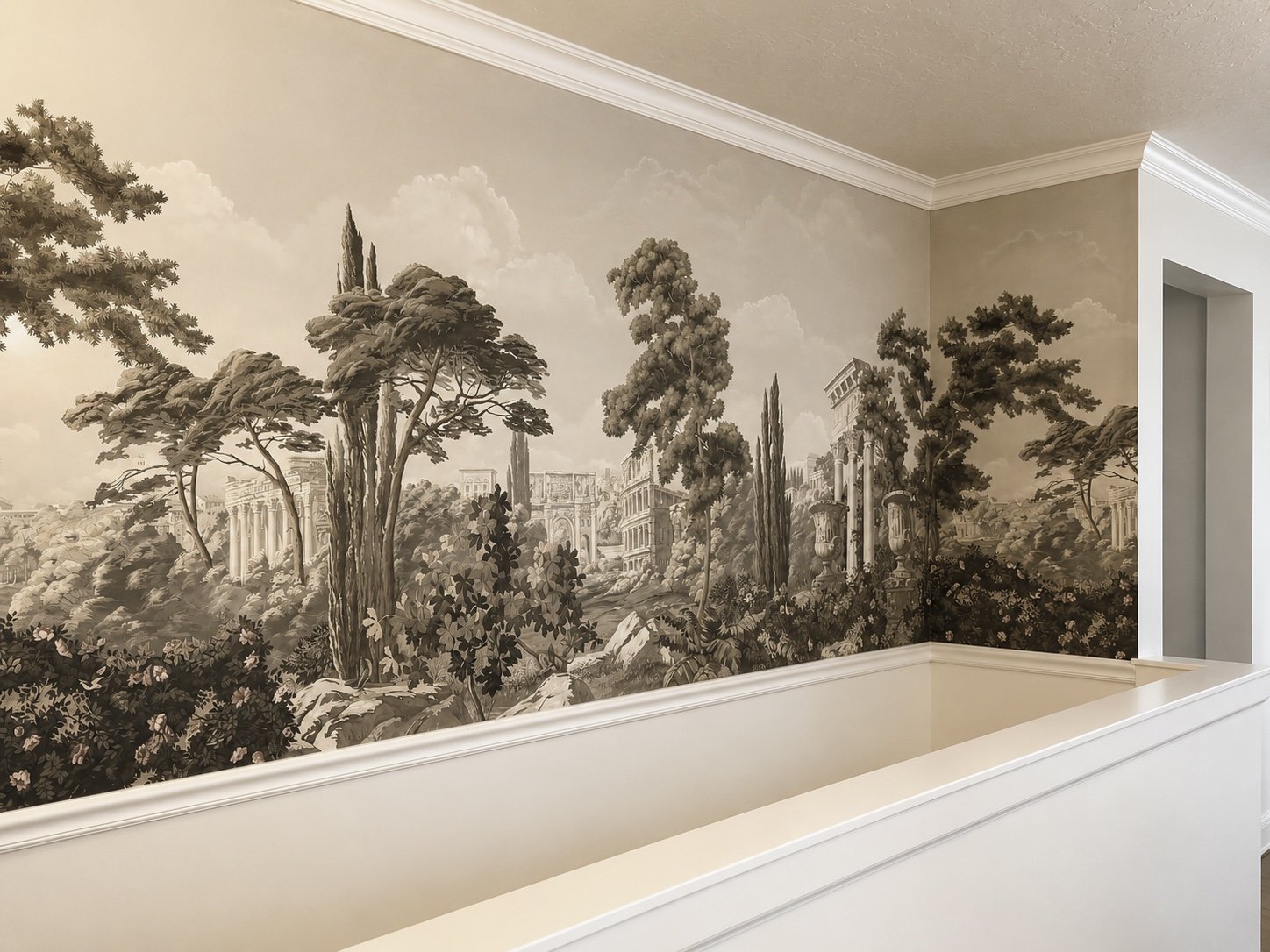 Grey-toned custom wallpaper mural.