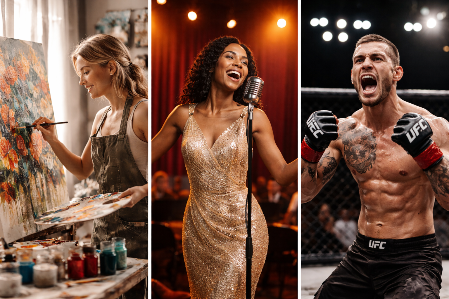 Three separate images showing different activities: a woman painting on a canvas in a studio, a woman singing on stage in a golden dress, and a man fighting in UFC gloves inside a cage.