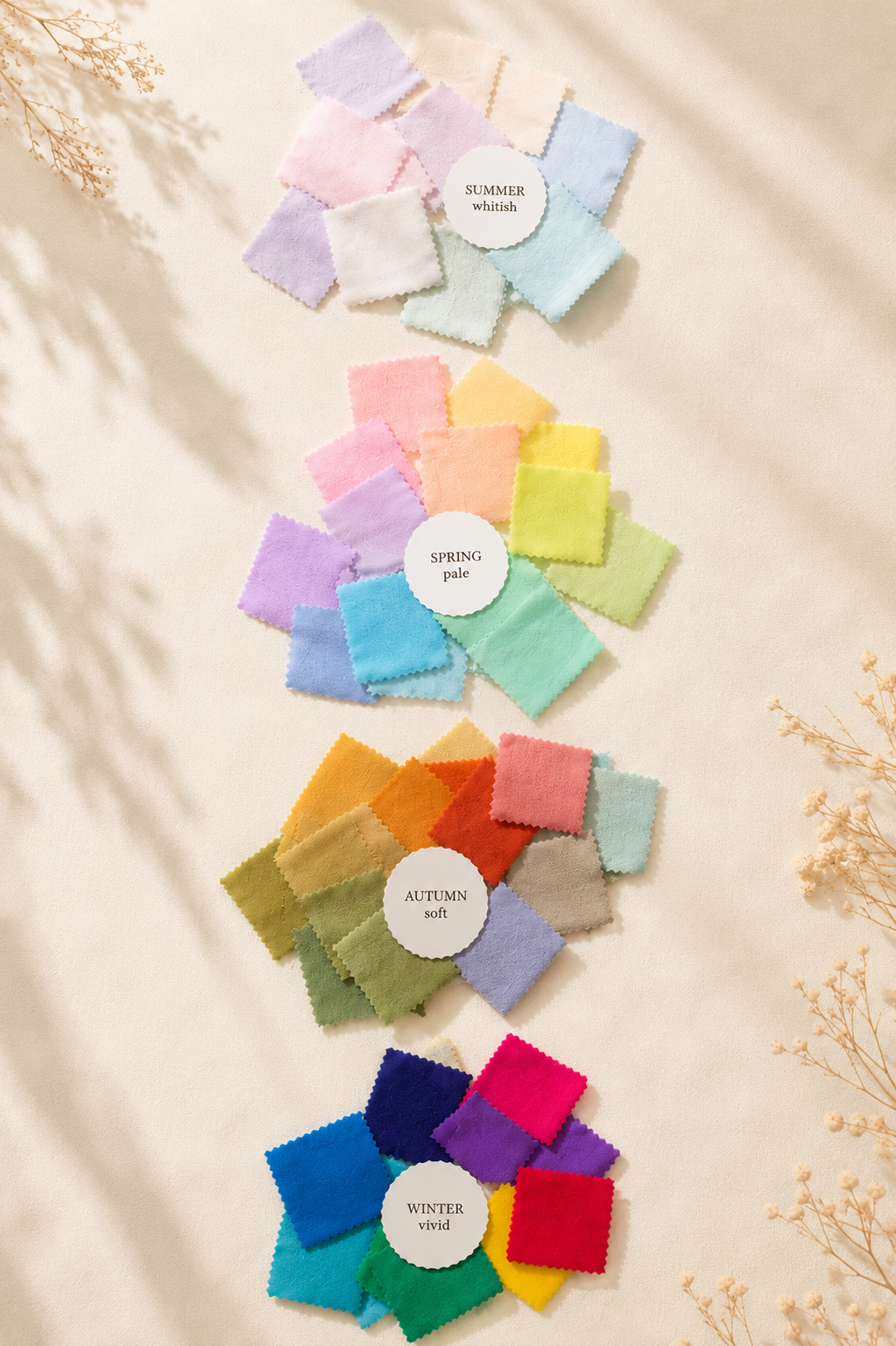 Arrangement of fabric swatches organized by seasonal color palettes: summer whish, spring pale, autumn soft, and winter vivid, with small decorative flowers around.