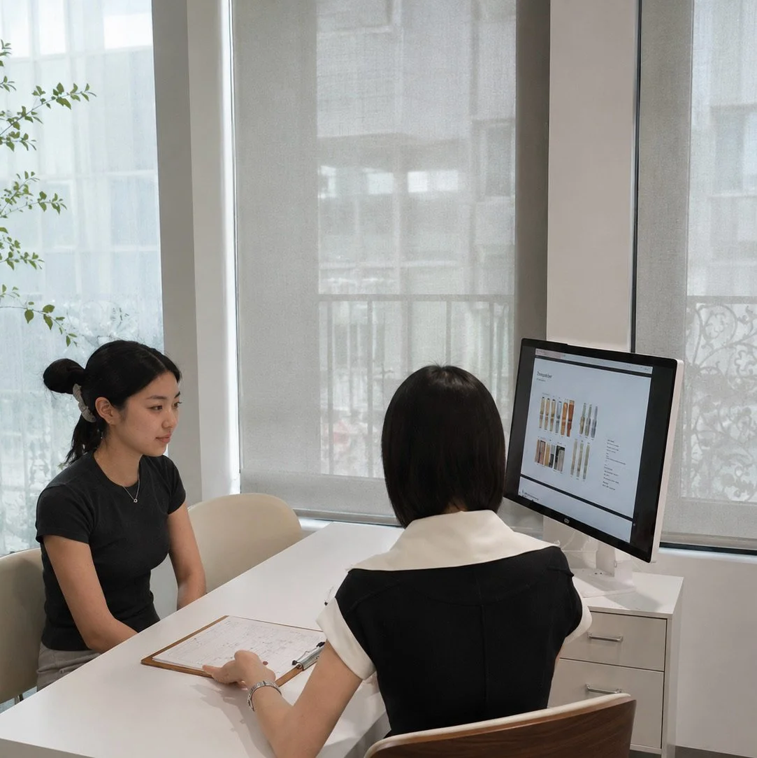 Two women having a meeting in an office, with one woman facing a computer screen displaying charts and the other woman taking notes.