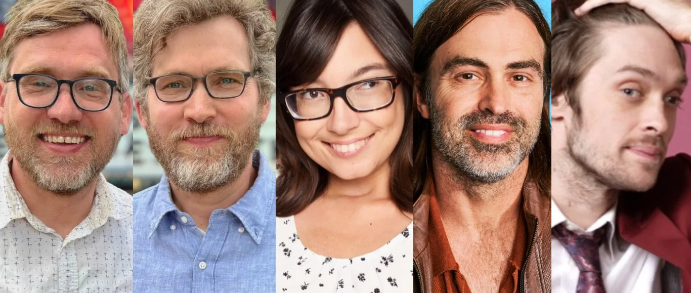 A composite image of five portraits of disabled screenwriters, each with different expressions.