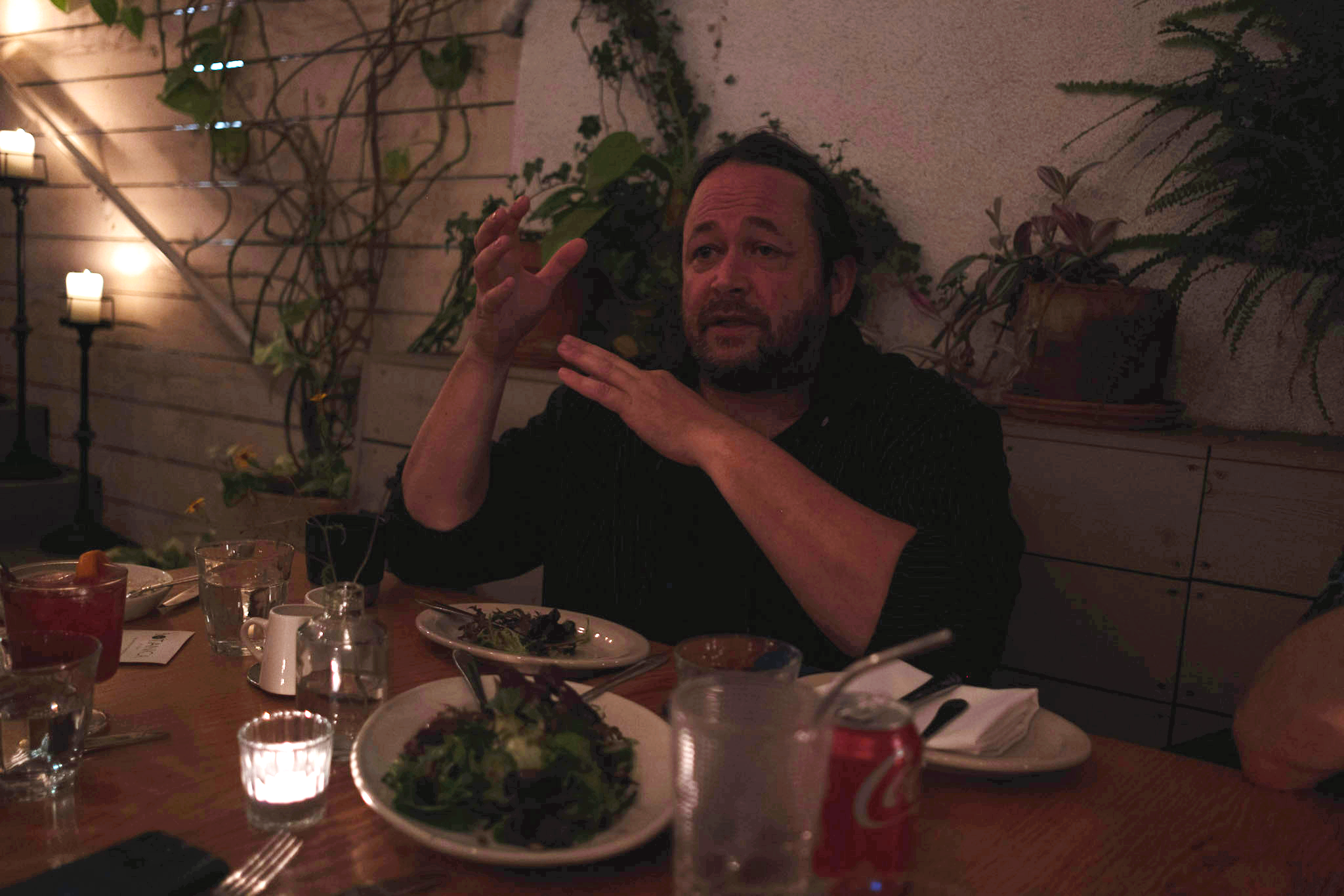  A man gestures while speaking at a candlelit dinner, surrounded by plants and dishes.  